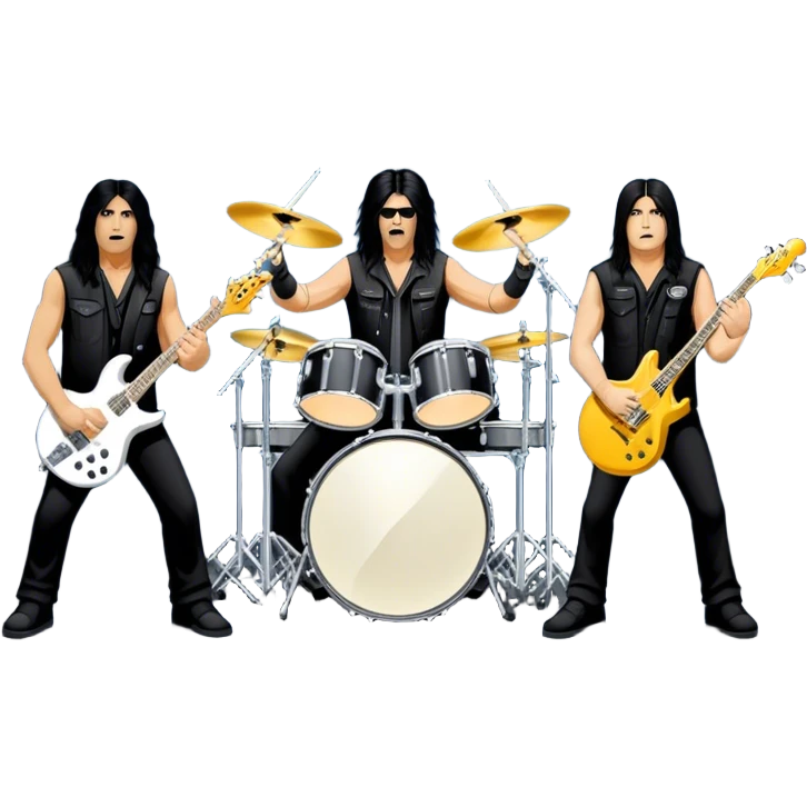 Icon for Heavy Metal: Anthrax live concert with Charlie Benante on drums, Joey Belladonna on vocals, Frank Bello on bass, Jonathan Donais and Scott Ian on guitars. The intense energy of the band is captured with instruments and stage lighting. Transparent background. emoji