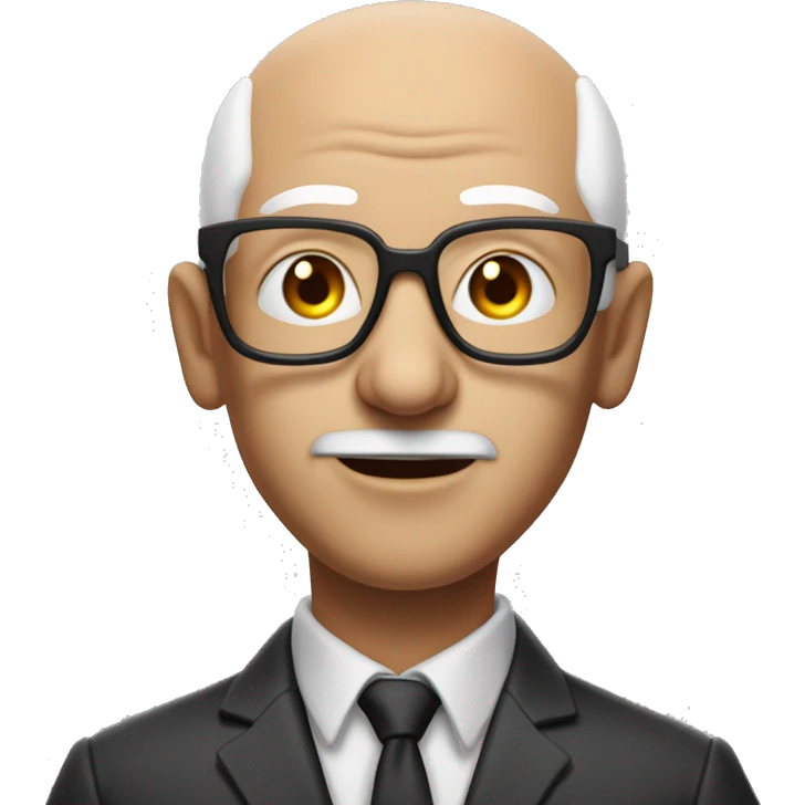 mid age man with paste square glasses, bald with white hair on sides of his gead, big ears and expression lines on bouth sides of mouth, tilted head to the side emoji