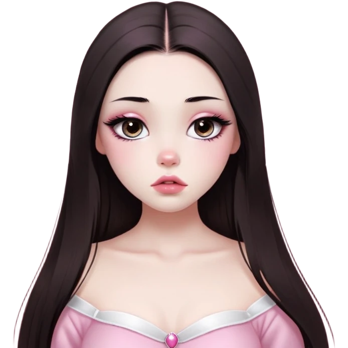 girl with white skin, dark brown long realistic straight hair with middle part prominently falling in front of her body over her shoulders, very big pouty extra shiny lips with absolutely no cupid's bow, big round shiny eyes with black eyeballs and huge eyelashes, no eyeshadow, pink blush on cheeks, lighter button nose, very long oval-shaped face, wearing a pink off-shoulder top, looking directly at camera with hands down at sides emoji
