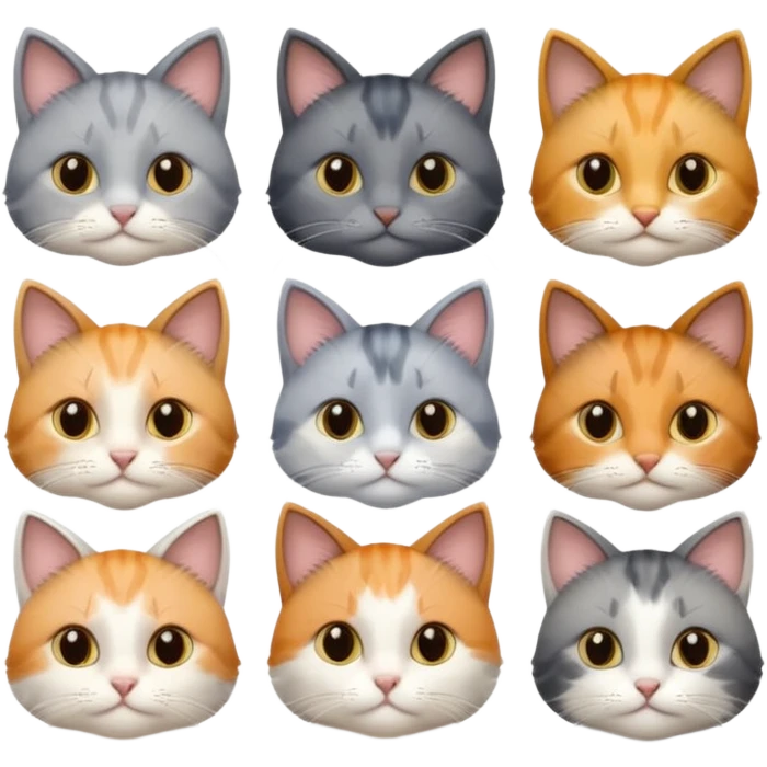 6 realistic looking cats with different natural coloured coats, assorted grey and white, greys, calico colours etc
 emoji