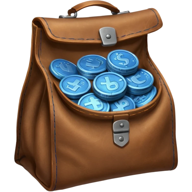 blue coins inside a brown leather bag  emoji