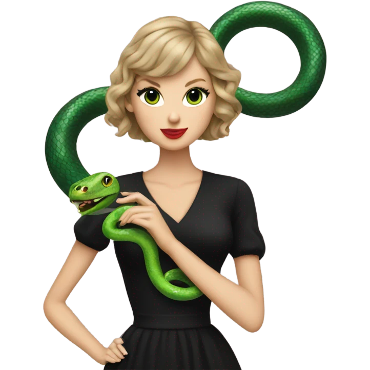 taylor swift in a black outfit holding a green snake emoji