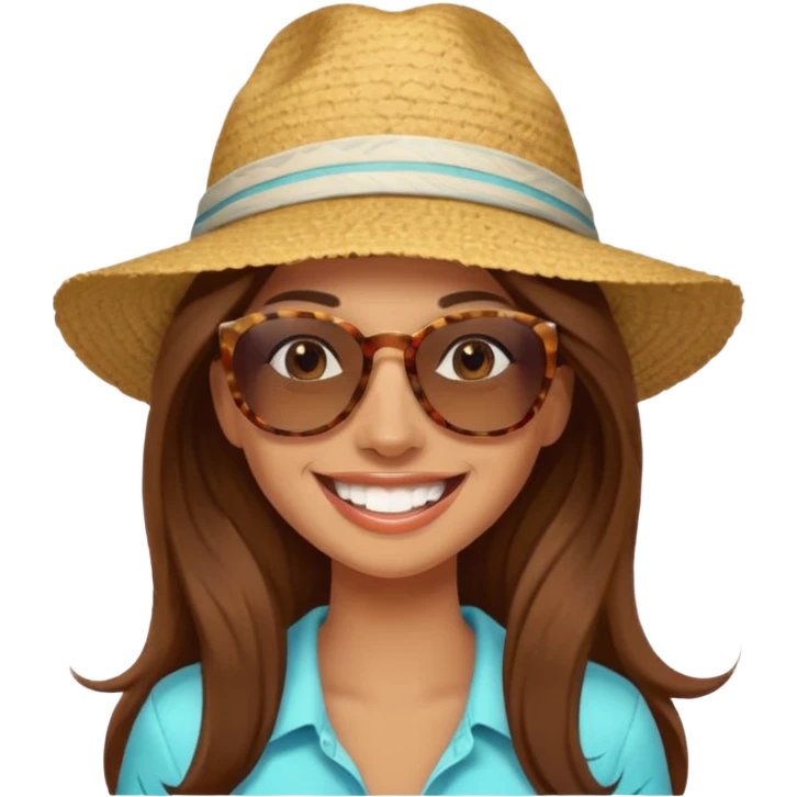 woman with long brown hair on vacation, happy and smilling with theeth and a hat emoji