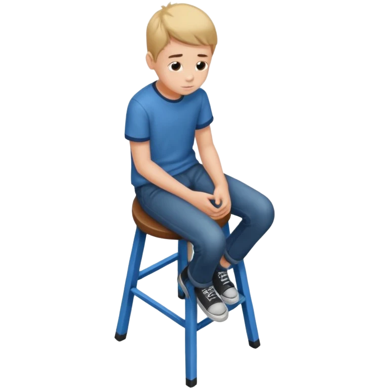 Generate a photorealistic image of a boy sitting on a stool. The scene is captured from a top-down perspective (bird's-eye view), looking directly down from above his head towards his feet. The background should be simple and clean. emoji