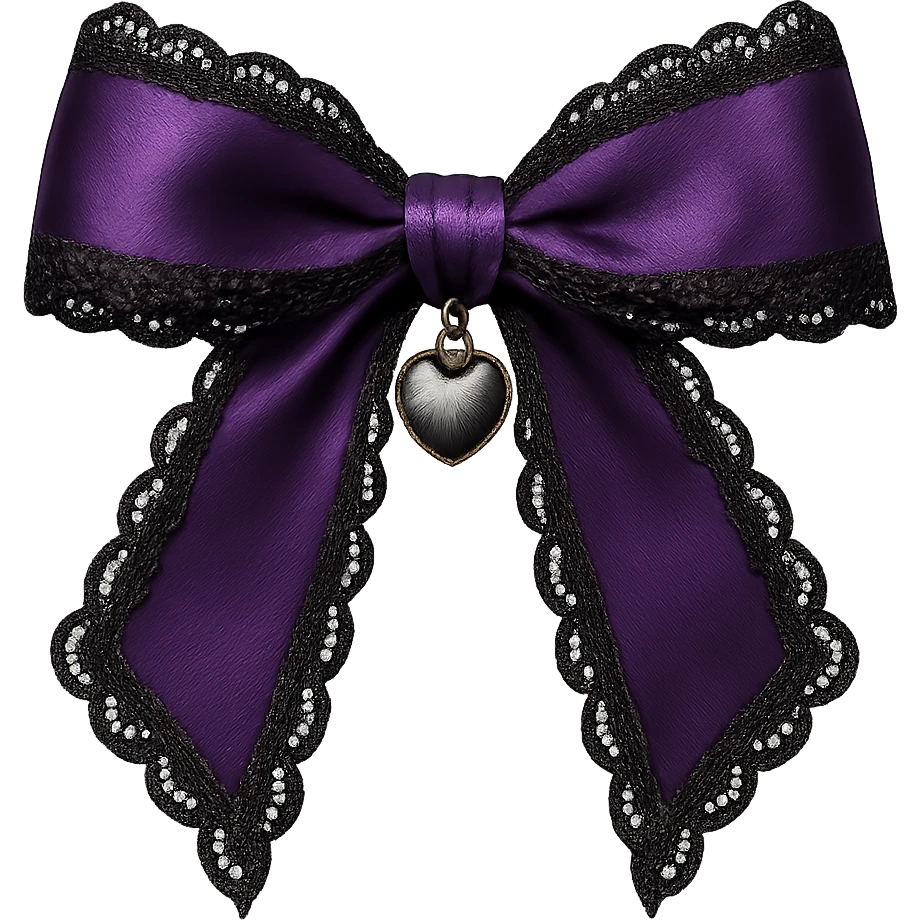 Purple gothic bow with black lace trim and heart charm, remove background emoji