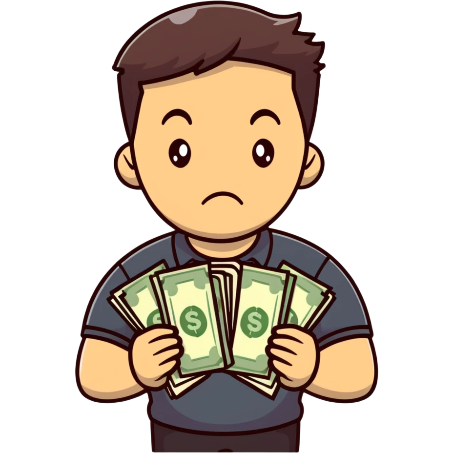 dark brown haired guy with a round face, disappointed expression, holding a stack of cash emoji