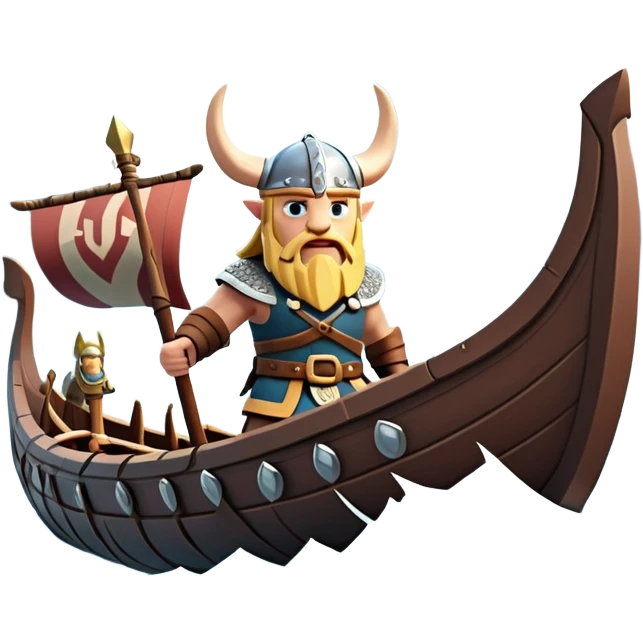 clash-of-clans-aesthetic_-cinematic-viking-longboat, rendered in a flat, bold vector style with minimal shading, featuring a striking dragon-headed prow slicing through icy, churning waters. shields on the side and vikings rowing The longboat’s intricately detailed shields and carved motifs evoke a sense of epic adventure and Nordic might, with billowing sails catching a dramatic, stormy sky backdrop. emoji