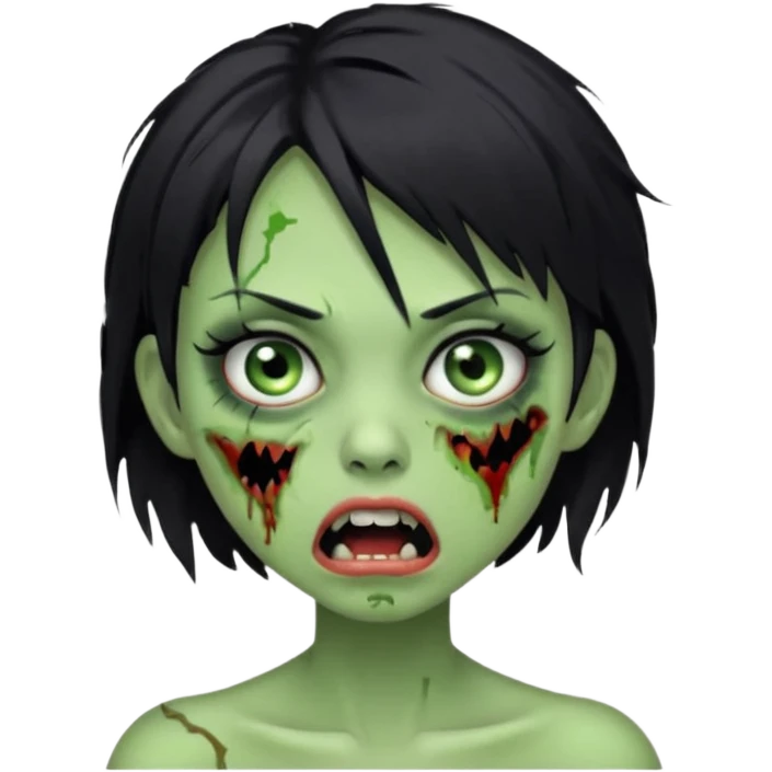 Green zombie girl with messy black short hair with lashes and torn cheek and open mouth  emoji