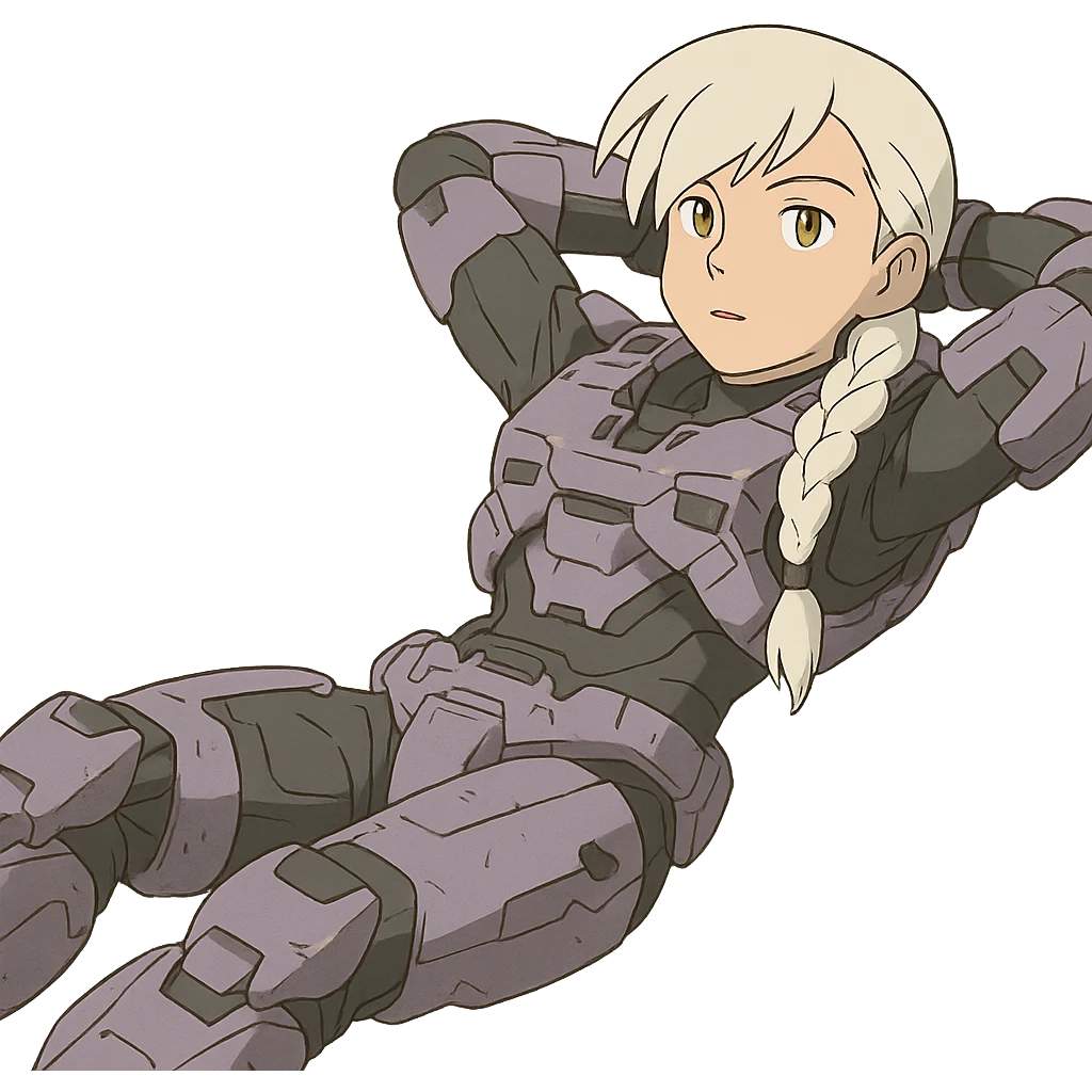 female, wearing reach spartan armor shoulder-unequip, long white braid hair with massive messy front side single bangs, gold yellow eyes, attention pose, HALO:series, no helmet, the armor is lavender color scheme, laying back and relaxing flat on the ground emoji