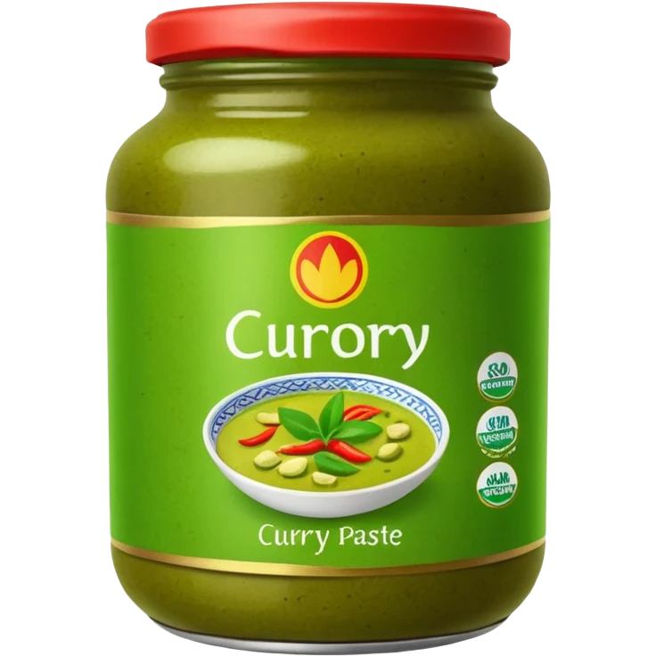 A jar of green curry paste with label emoji