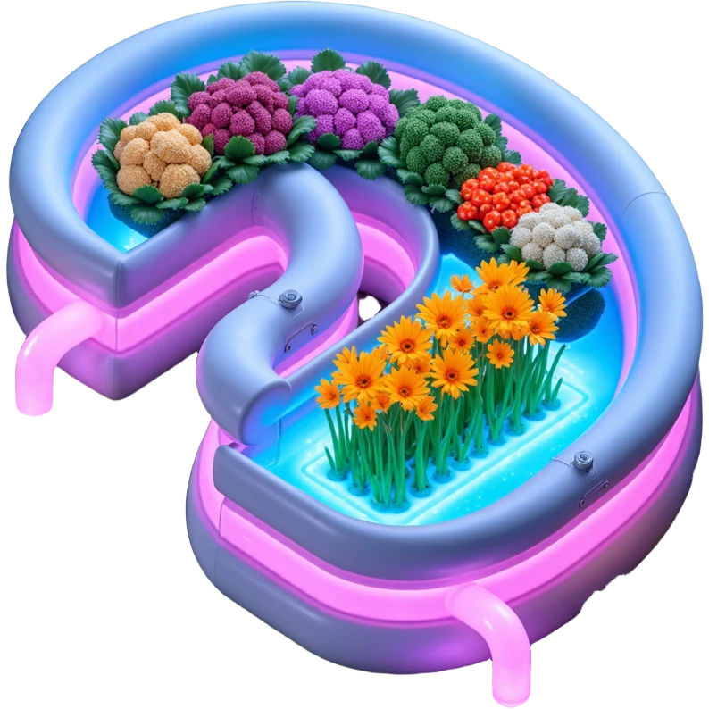Exterior view of a futuristic hydroponic farm with glowing neon pipes and transparent water channels, sleek buildings shaped like nutrient tanks, vegetables and wheat growing in vertical layers, surreal atmosphere, emoji-style, cartoony emoji