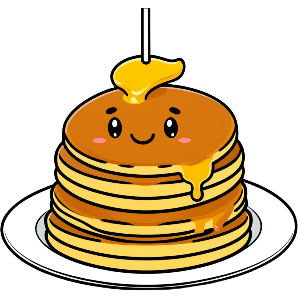 adorable pancakes with butter on top and maple syrup dripping down, smiling face emoji