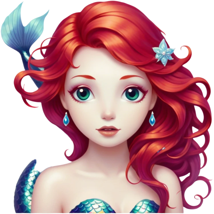 Cinematic Realistic Red Hair Mermaid Portrait, depicted with lifelike porcelain white skin that glows with an ethereal radiance, enhanced by soft underwater lighting. Her intricately detailed, flowing red hair cascades like liquid fire, framing deep, soulful eyes that mirror the mysteries of the deep sea. Accented by shimmering, iridescent scales and delicate aquatic embellishments, the portrait features an enchanting underwater glow that marries realism with mythic ocean elegance. emoji