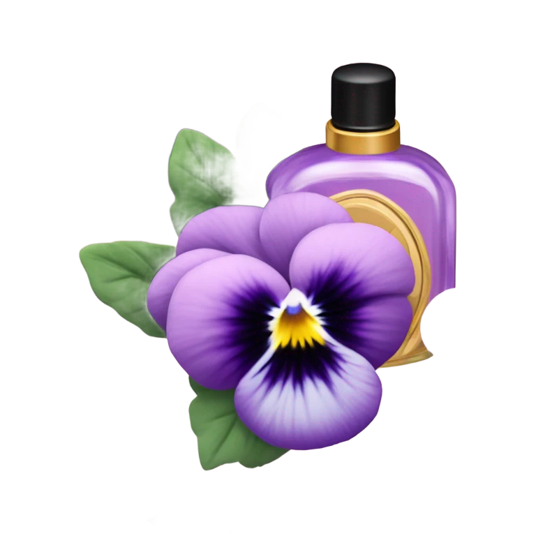 composition of aesthetically pleasing purple pansies, pastel pink daisies and a rosy vintage-style perfume bottle emoji