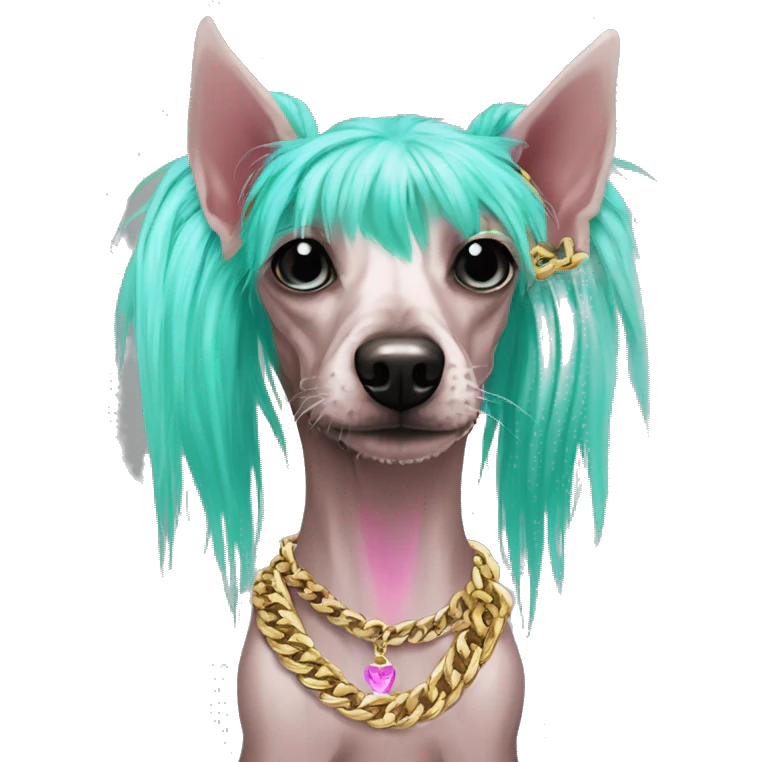Punk Chinese crested dog neon cyan green pink hair gold chain punk piercings tattoos punk ear piercings emoji