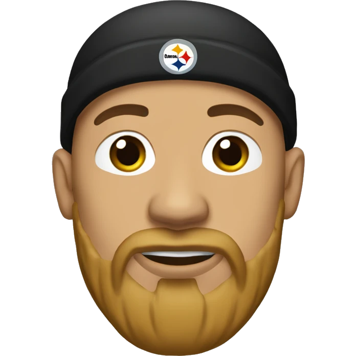 A bald man light brown with a long goatee wearing Steelers football beanie  emoji