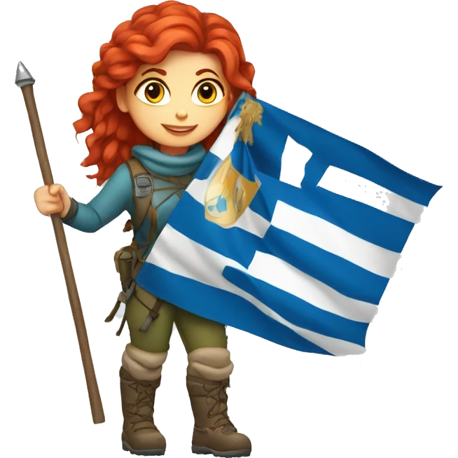 female winter mountaineer red hair holding greek flag and easter egg emoji