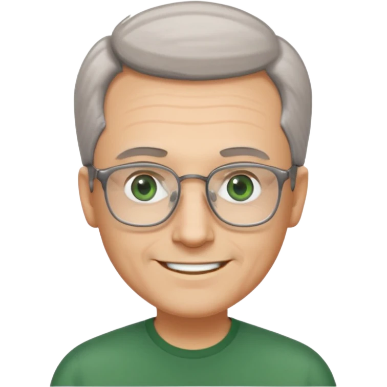 Man with receding hair, grey hair only on the sides, green eyes, rectangular reading glasses, rounded clear face, with a smile emoji