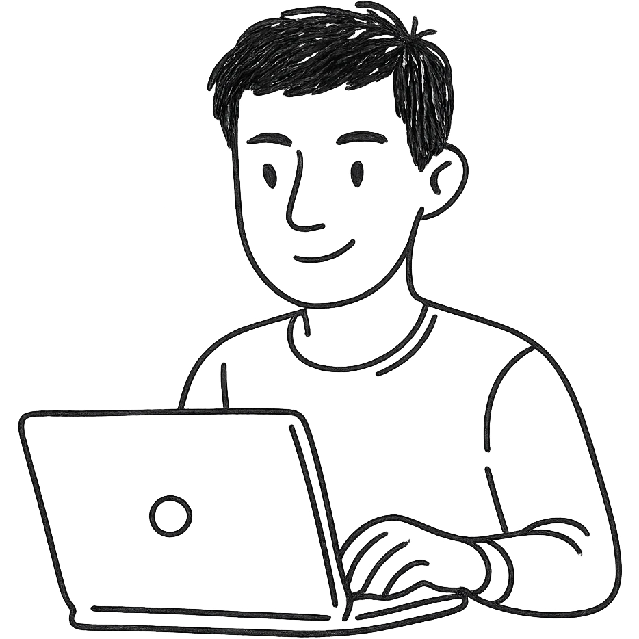 man with dark hair and green eyes working on a laptop, simple background, hand-drawn outline style emoji