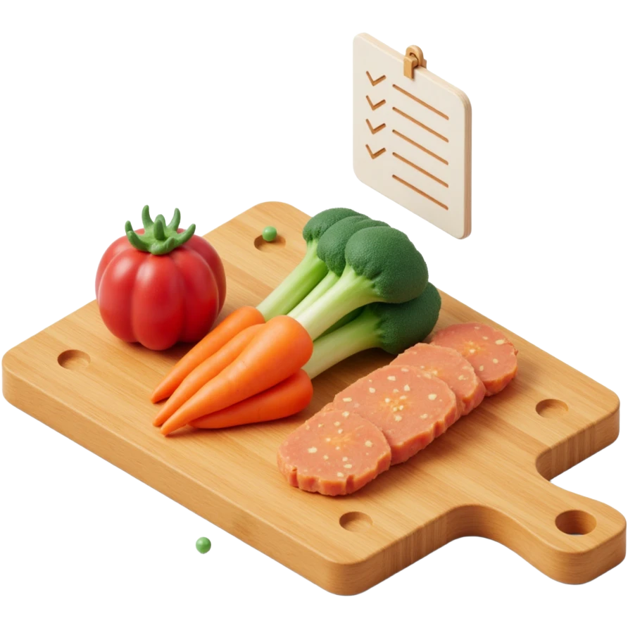 Ingredients on teh wooden cutting board with floating list  emoji