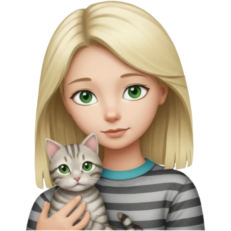 Blonde girl with blue eyes cuddling with light grey tabby cat with dark grey stripes and green eyes emoji