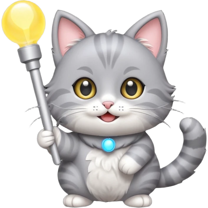 chibi cute gray cat holding a light stick happily emoji