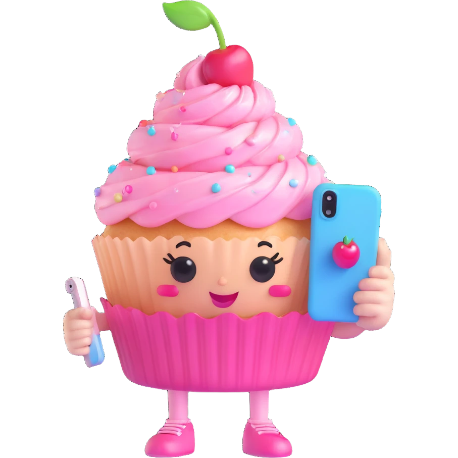 3D kawaii cupcake character in pastel colors, glossy swirled frosting, shiny cherry, big sparkling eyes, holding a phone for a selfie, winking and posing confidently, pastel pink polka dot wrapper, surrounded by sparkles, soft lighting, high resolution emoji