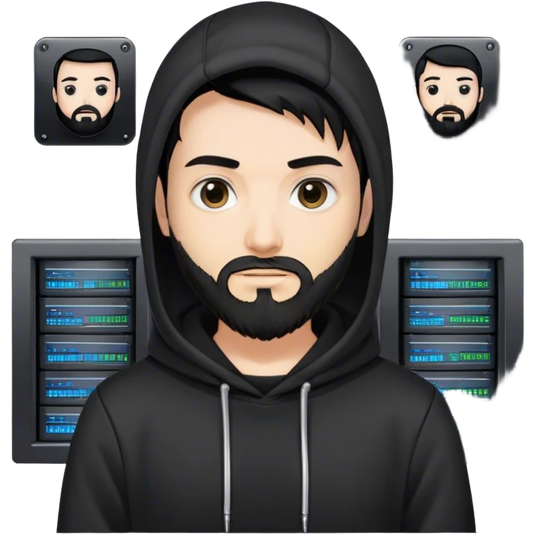 hackeur blanc cheveux noir barbe et capuche noir à côté d'un server ia emoji