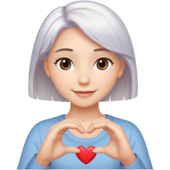 Beautiful girl. Platinum-colored hair just below the shoulders, straight, brown eyes, sweet smile. Hands in the shape of a heart. emoji