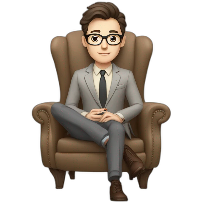 Pale skinned Fit Man With dark brown hair in gray jacket, beige office shirt, Brown pants and vintage glasses sitting In a soft chair with a notebook on spring with emblem Ψ and a pen emoji