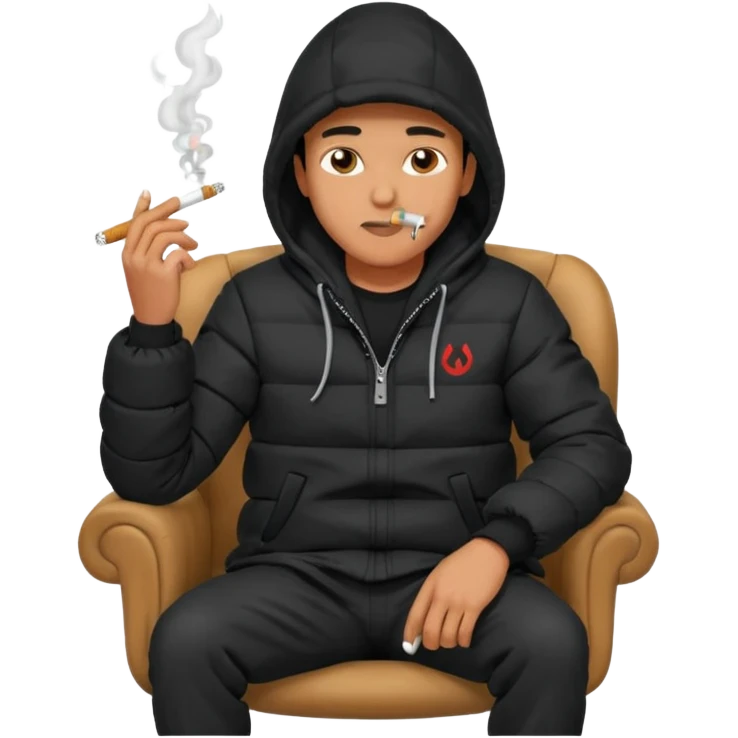 A man sitting on a chair, wearing a black puffed coat with hood, hands in his pocket, smoking a cigaret, he is on a chair i emoji