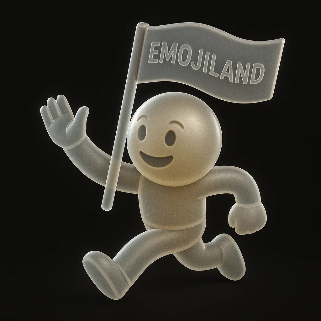 happy runner waving a flag that says 'emojiland' emoji