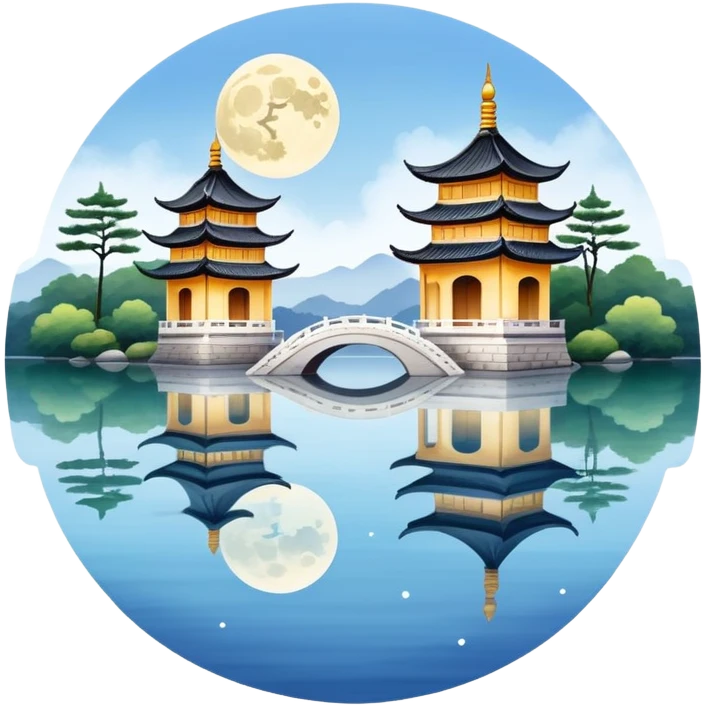 Three Pools Mirroring the Moon, West Lake Hangzhou, simplified emoji style, three small pagodas on water with moon reflection, cute cartoon style emoji