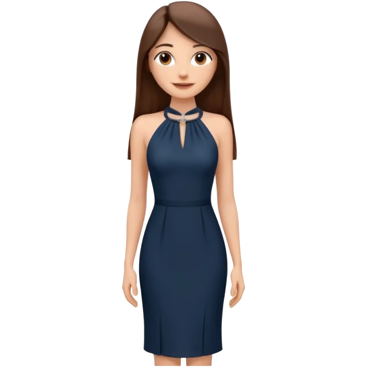emoji-style illustration of a stylish pretty happpy woman with long straight brown hair, wearing a dark halter neck dress, elegant and minimalistic look, front-facing, soft 3D cartoon rendering, plain background emoji