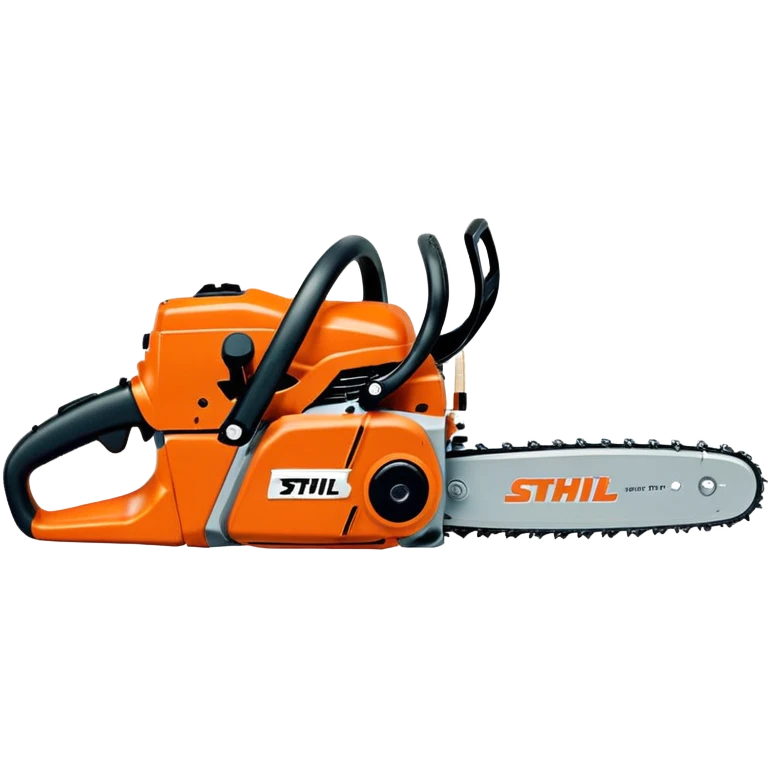 Kettensäge Stihl MS500i von der Seite, mit gut sichtbarem Stihl-Logo, orange-graue Farben, einfacher Emoji-Stil emoji