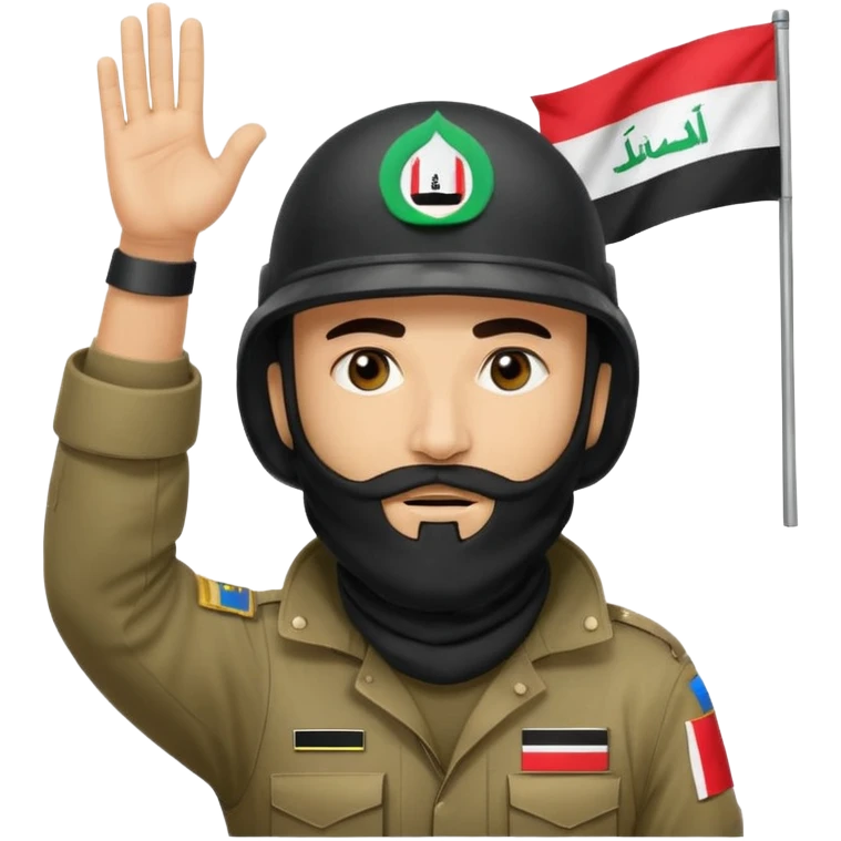 surrenders, depicts an Iraqi soldier from 1980, with a beard, in a helmet, a helmet with sign flag Iraq, with a balaclava, with sad eyes and both hands raised up emoji