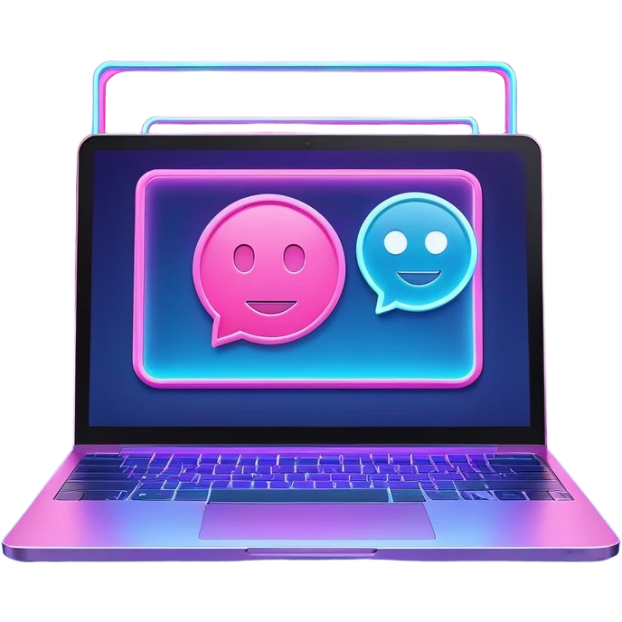 laptop computer with video chat displayed on screen, pink and light blue colors, with neon glow lines, blue neon light on top left, purple neon light on bottom right emoji