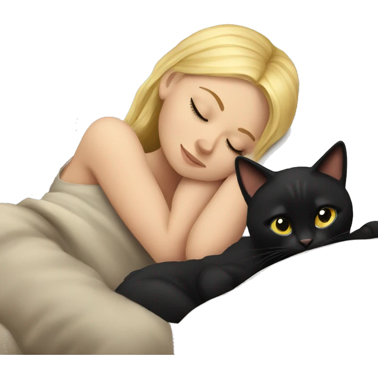 Blonde girl sleeping with black cat on bed emoji