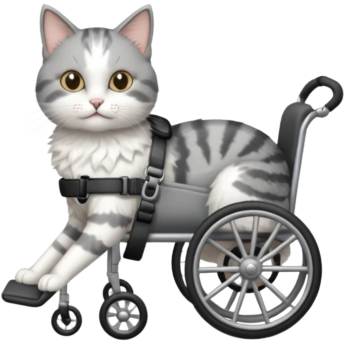 grey and white cat in a pet wheelchair emoji