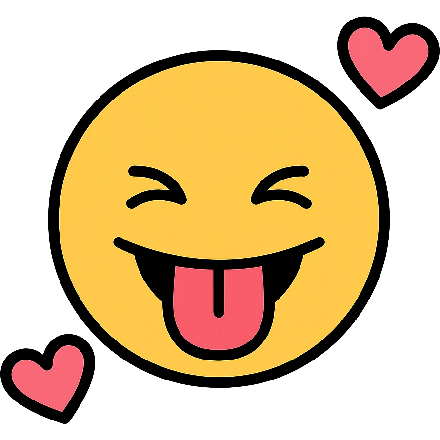 silly emoji face sticking out its tongue, with floating hearts, modern icon style, colorful and fun, bold lines, simple shapes emoji