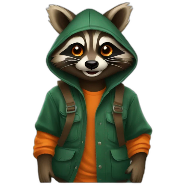 brown raccoon with orange eyes and a dark green hood that is laughing emoji