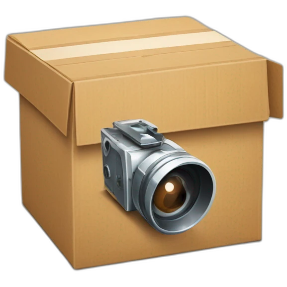 Video icons, movie camera, film, play, logos, likes, thumbs up, marks, views, coverage, applause fly out of a Cardboard box emoji