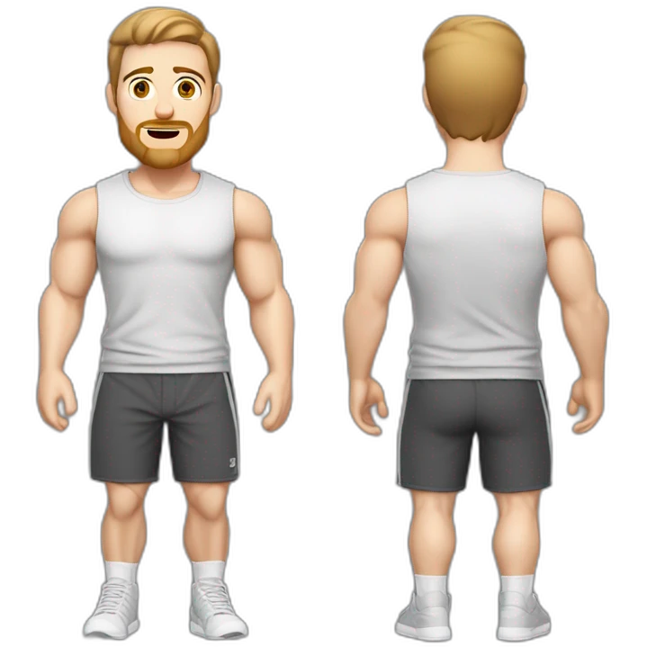 Full height Pale skinned muscular man With Realistic eyes and mouth, light brown hair and stubble In dark gray sleeveless mike, black oversize sports shorts, watch and white sneakers. emoji