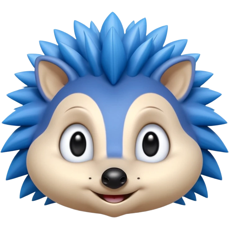 blue hedgehog emoji with long forward-facing quill spikes, smooth rounded face, large oval eyes with black pupils, small black nose, thin confident smile, 3D Apple emoji style, 1:1, clean shading, cute but energetic expression
 emoji