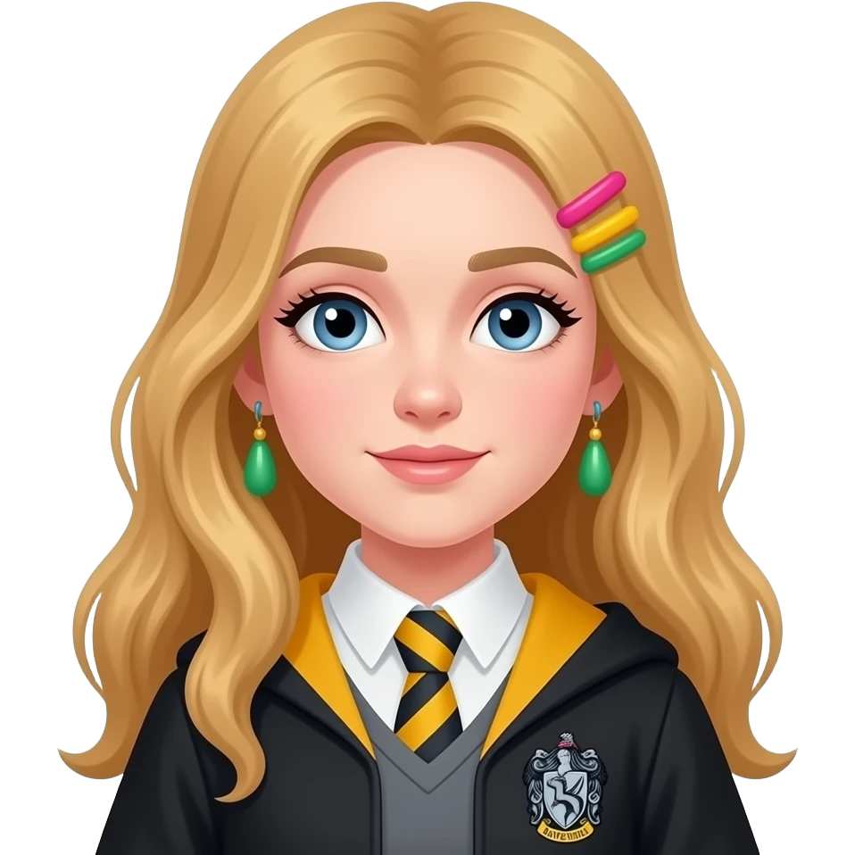 Luna Lovegood emoji, Apple style, clean 3D, soft gradients, teenage girl age 15–16, long blonde hair, dreamy expression, quirky colored accessories (pink, yellow, blue, green), Ravenclaw accents like yellow plus black color, minimal icon, centered, white background, high detail emoji