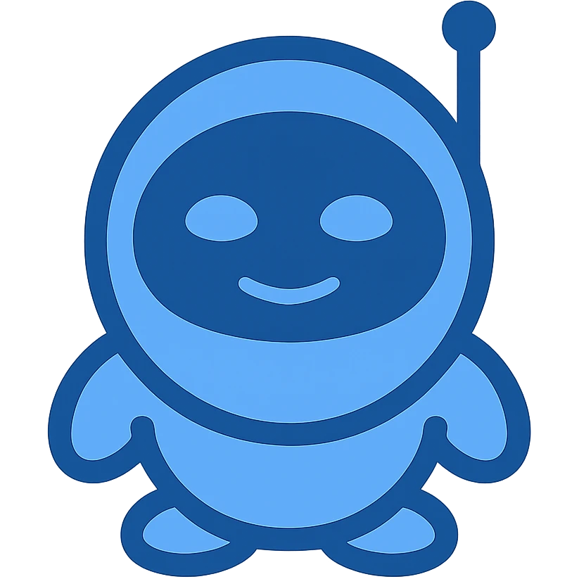 Create a minimalistic, flat blue icon of the robot character from Main Assembly, consistent with previous icons. Use almost exclusively shades of blue, with a fully transparent background. The robot should be simplified and stylized, with a round blue body and digital face, clean and simple lines, minimal use of other colors, and prioritize clarity and recognizability. emoji