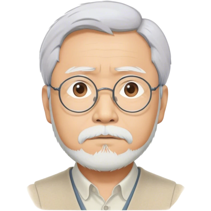 Cinematic Realistic Hayao Miyazaki Portrait Emoji, depicted as a visionary filmmaker with a gentle imaginative expression and artistic flair, rendered with delicate textures and soft enchanting lighting that captures his legendary storytelling. emoji