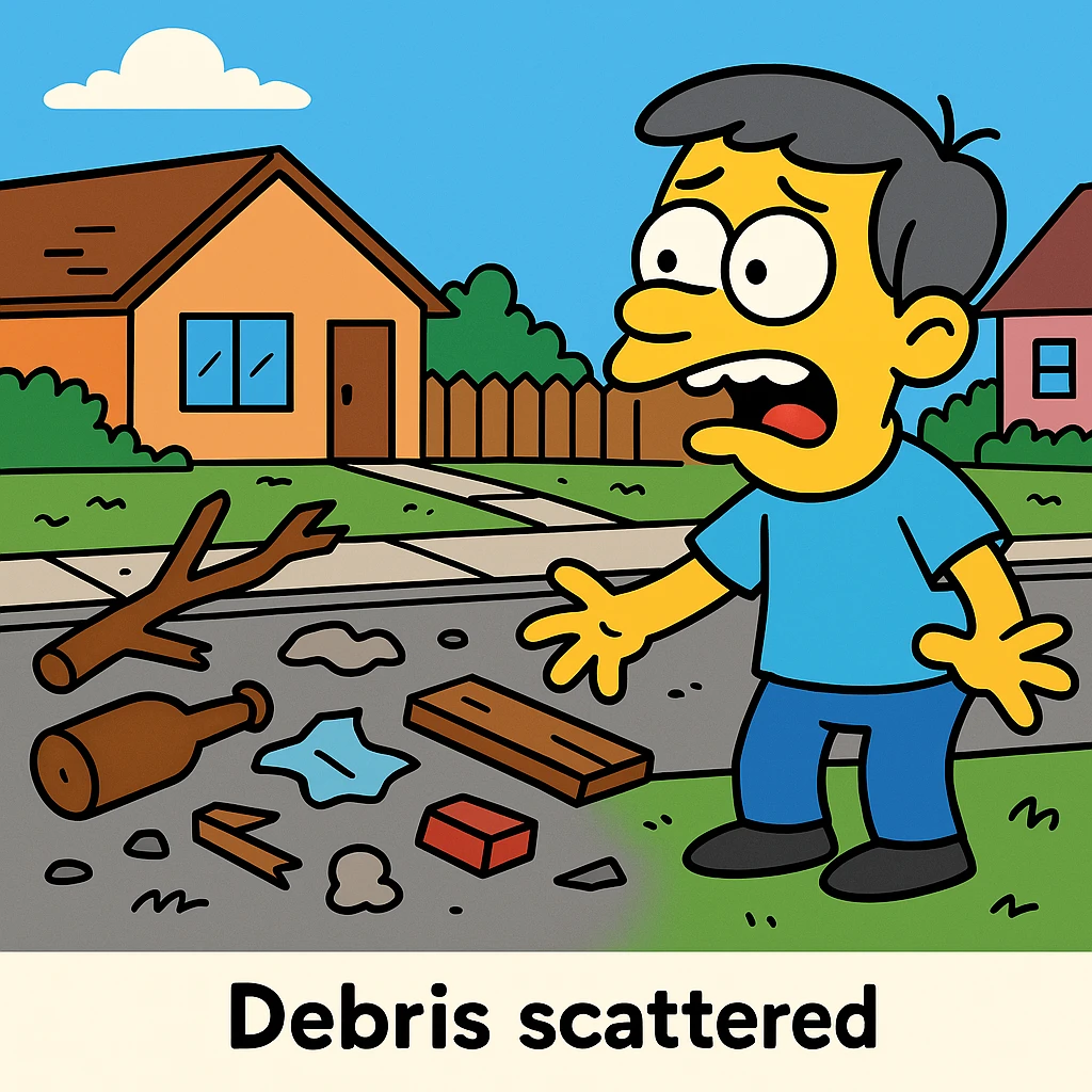 Debris – pieces of broken or leftover things.
After the storm, debris was scattered all over the street.
 emoji
