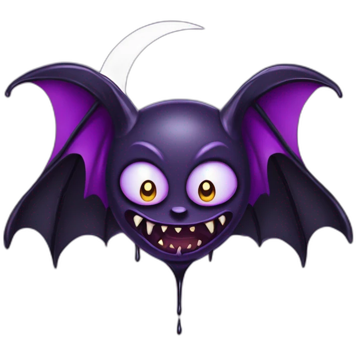 purple and black evil face vampire bat anime sparkle eyes wings flying in front of large dripping crescent moon emoji