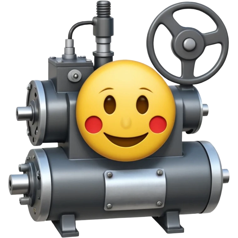 Industrial mechanical motor with a smiley face, emoji for the new electric music genre Motor breaks must be friendly and sellable must be small but clear child friendly, ready to use as a logo, motor synth make sure it's not Cold emoji